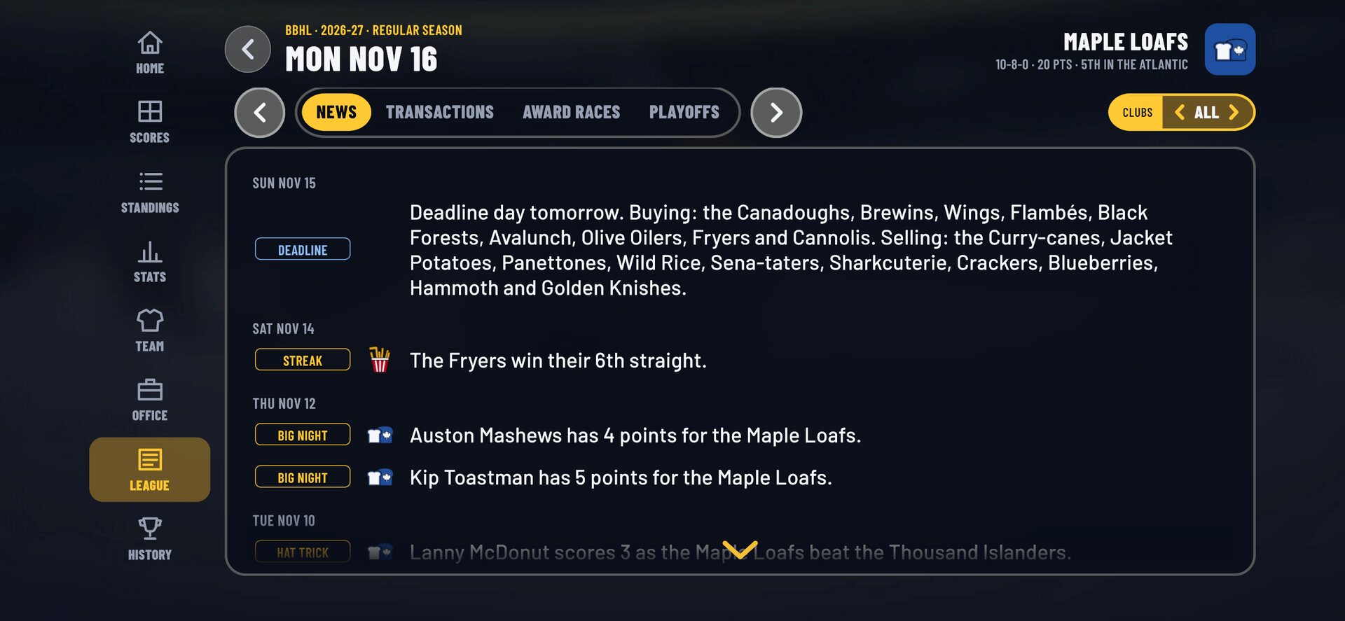 The league's news